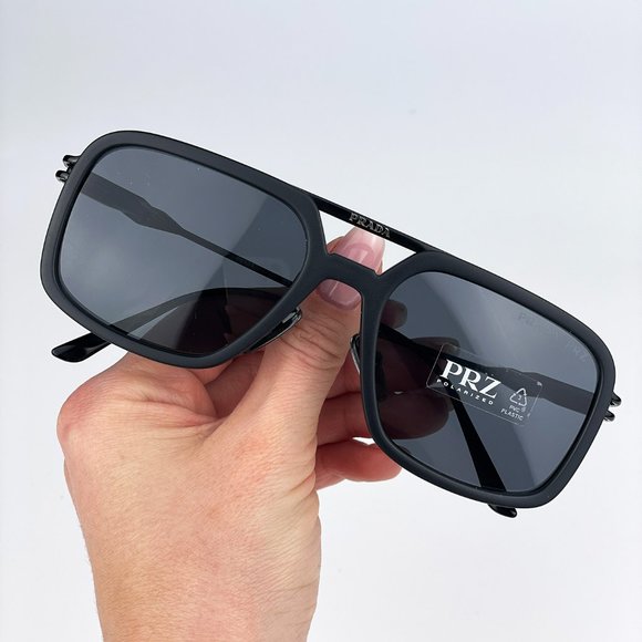 Prada PR57ZS 1BO5Z1 Sunglasses Matte Black Polarized Grey Pilot Metal Unisex - Picture 2 of 9